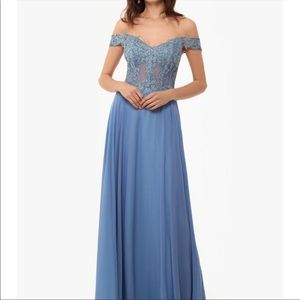 XSCAPE  CHIFFON OFF SHOULDER maxi dress blue NWT